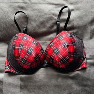 VICTORIA'S SECRET Red Black Plaid Lace Mesh Very Sexy Push Up Bra Size 38DD